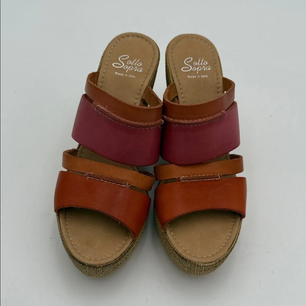 Sotto Sopra  Women's Pink and Orange leather Wedge Sandals 8 slip on casual Y2K